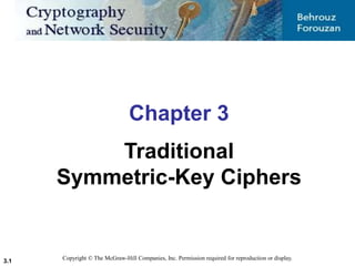 3.1
Copyright © The McGraw-Hill Companies, Inc. Permission required for reproduction or display.
Chapter 3
Traditional
Symmetric-Key Ciphers
 