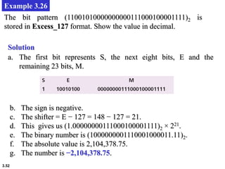 3.52
Example 3.26
The bit pattern (11001010000000000111000100001111)2 is
stored in Excess_127 format. Show the value in decimal.
Solution
a. The first bit represents S, the next eight bits, E and the
remaining 23 bits, M.
b. The sign is negative.
c. The shifter = E − 127 = 148 − 127 = 21.
d. This gives us (1.00000000111000100001111)2 × 221.
e. The binary number is (1000000001110001000011.11)2.
f. The absolute value is 2,104,378.75.
g. The number is −2,104,378.75.
 