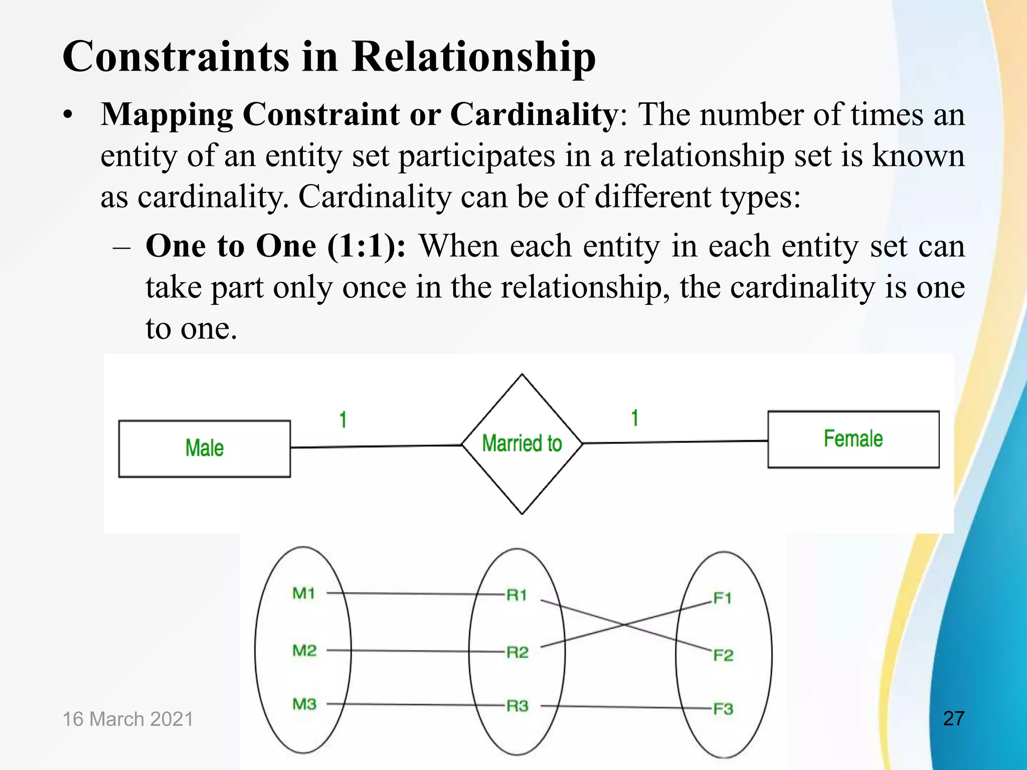 Constraints in Relationship
&bull; Mapping Constraint or Cardinality: The number of times an
entity of an entity set participates in a relationship set is known
as cardinality. Cardinality can be of different types:
&ndash; One to One (1:1): When each entity in each entity set can
take part only once in the relationship, the cardinality is one
to one.
16 March 2021 27
 