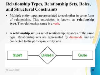 Relationship Types, Relationship Sets, Roles,
and Structural Constraints
• Multiple entity types are associated to each other in some form
of relationship. This association is known as relationship
type. The relationship name is a verb.
• A relationship set is a set of relationship instances of the same
type. Relationship sets are represented by diamonds and are
connected to the participant entity sets.
16 March 2021 23
 