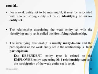 contd..
• For a weak entity set to be meaningful, it must be associated
with another strong entity set called identifying or owner
entity set.
• The relationship associating the weak entity set with the
identifying entity set is called the identifying relationship.
• The identifying relationship is usually many-to-one and the
participation of the weak entity set in the relationship is total
participation.
– Ex: DEPENDENT entity type is related to the
EMPLOYEE entity type using M:1 relationship type and
the participation of the weak entity set is total.
16 March 2021 34
 