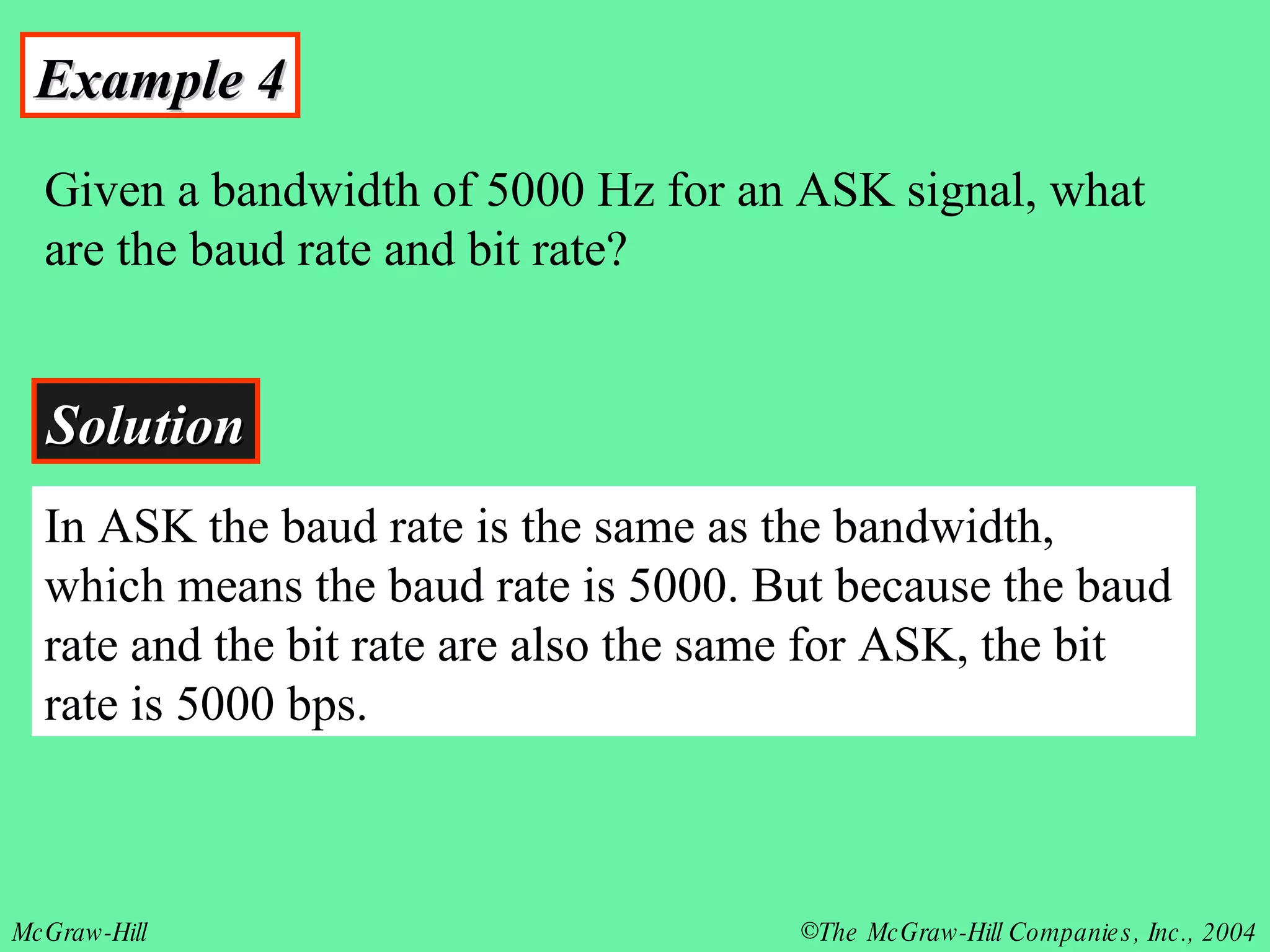 Example 4 Given a bandwidth of 5000 Hz for an ASK signal, what are the baud rate and bit rate? Solution In ASK the baud rate is the same as the bandwidth, which means the baud rate is 5000. But because the baud rate and the bit rate are also the same for ASK, the bit rate is 5000 bps. 