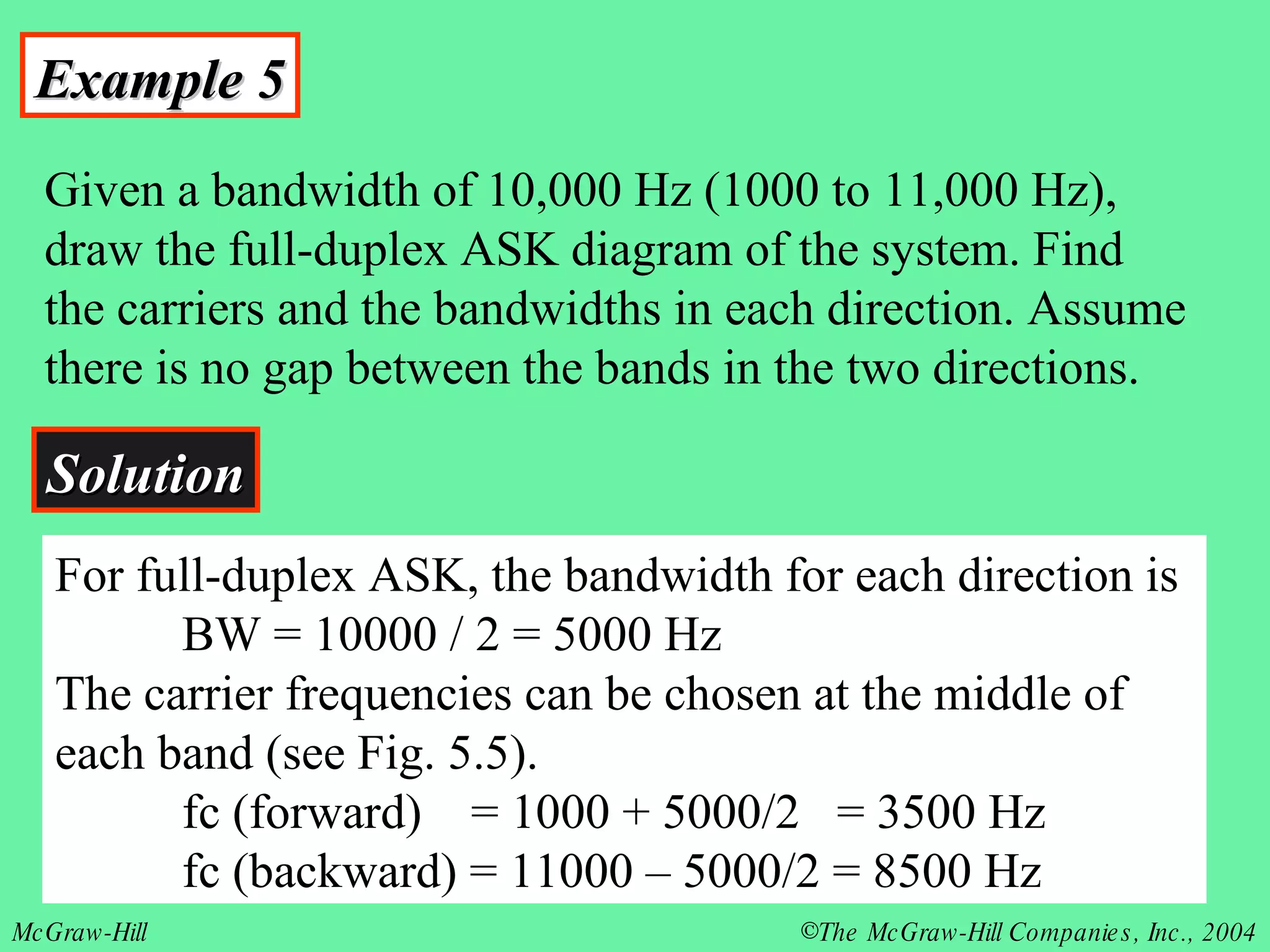 Example 5 Given a bandwidth of 10,000 Hz (1000 to 11,000 Hz), draw the full-duplex ASK diagram of the system. Find the carriers and the bandwidths in each direction. Assume there is no gap between the bands in the two directions. Solution For full-duplex ASK, the bandwidth for each direction is BW = 10000 / 2 = 5000 Hz The carrier frequencies can be chosen at the middle of each band (see Fig. 5.5). fc (forward)  = 1000 + 5000/2  = 3500 Hz fc (backward) = 11000 – 5000/2 = 8500 Hz 