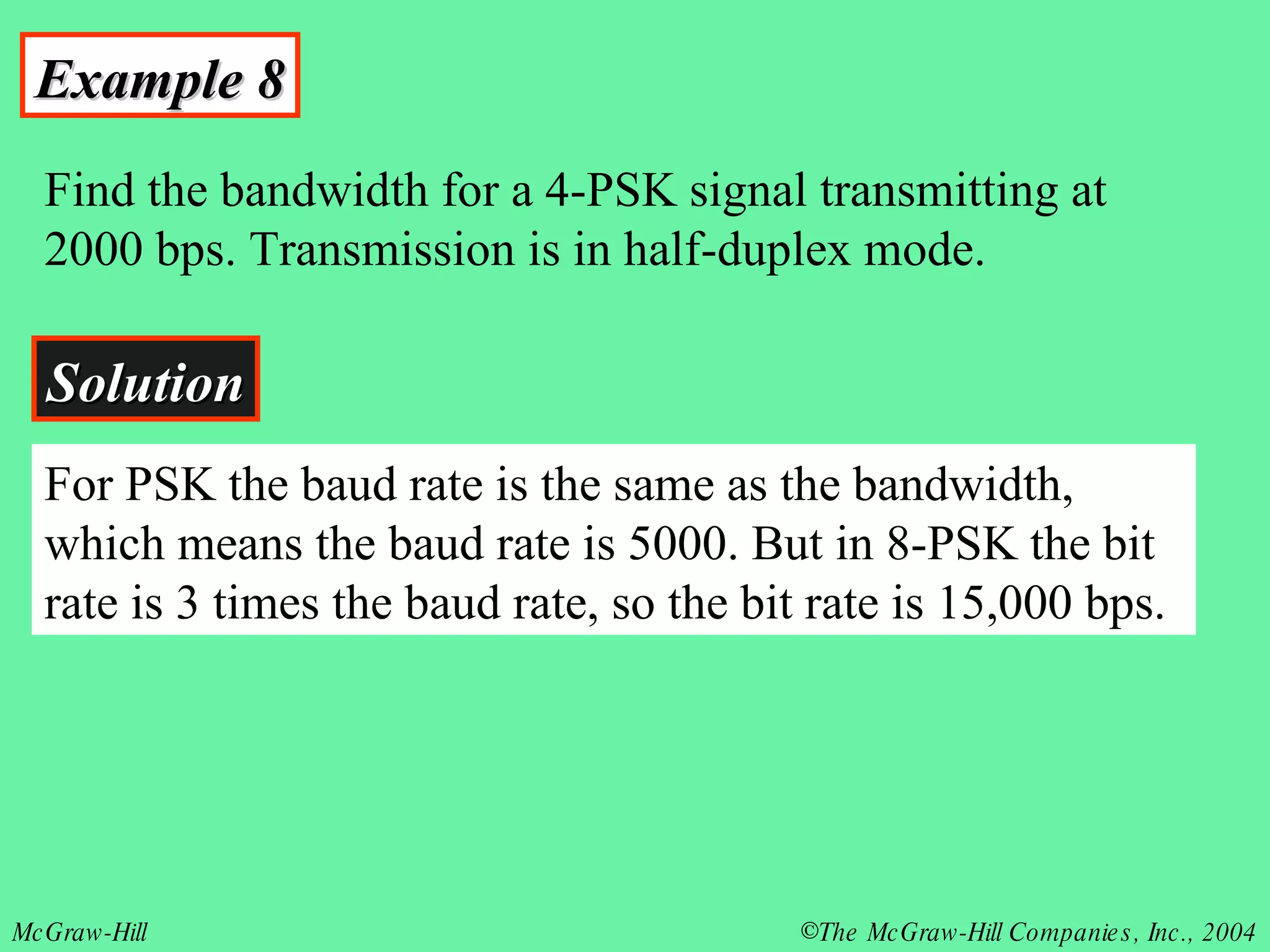 Example 8 Find the bandwidth for a 4-PSK signal transmitting at 2000 bps. Transmission is in half-duplex mode. Solution For PSK the baud rate is the same as the bandwidth, which means the baud rate is 5000. But in 8-PSK the bit rate is 3 times the baud rate, so the bit rate is 15,000 bps. 