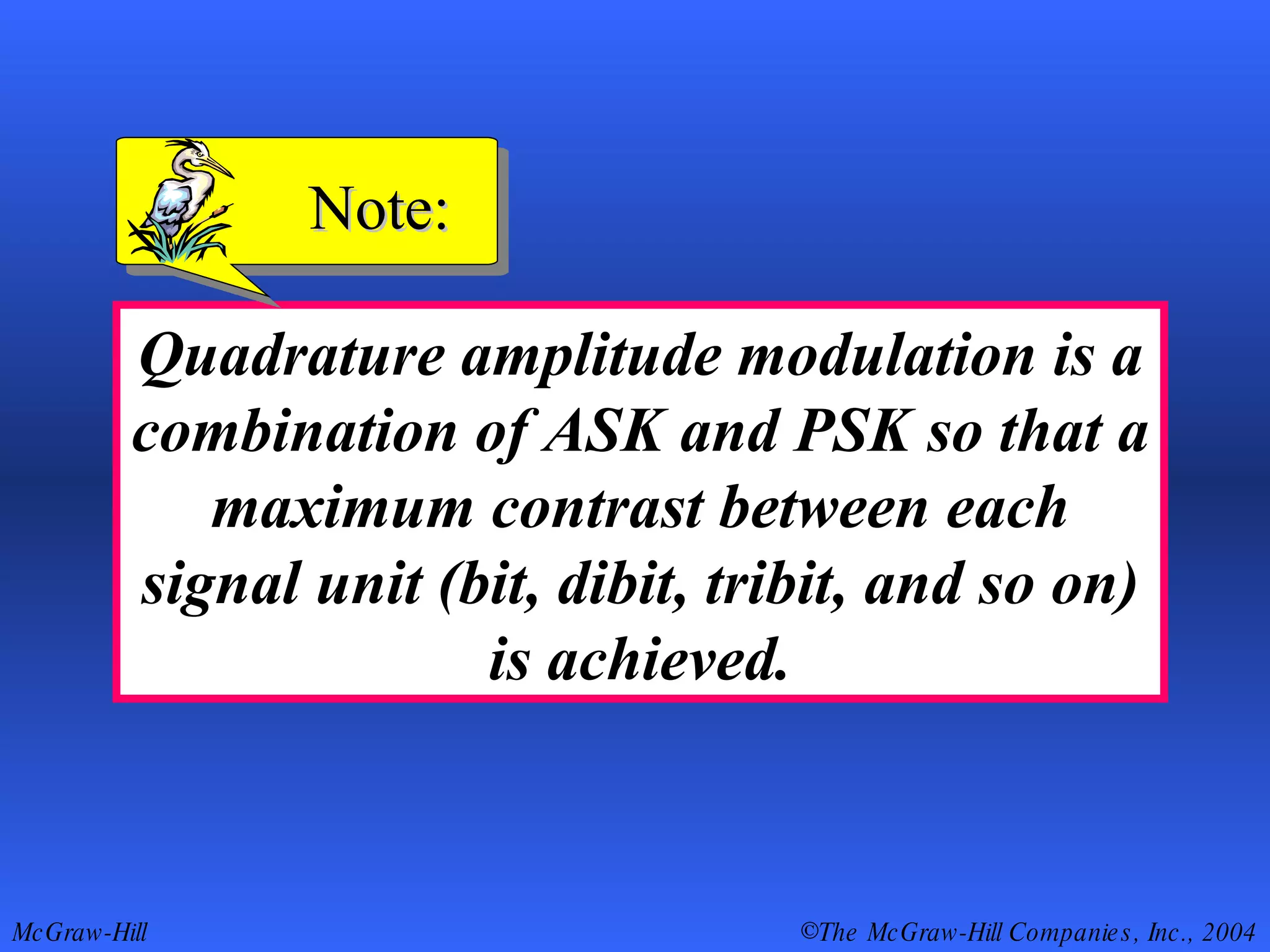 Quadrature amplitude modulation is a combination of ASK and PSK so that a maximum contrast between each signal unit (bit, dibit, tribit, and so on) is achieved. Note: 