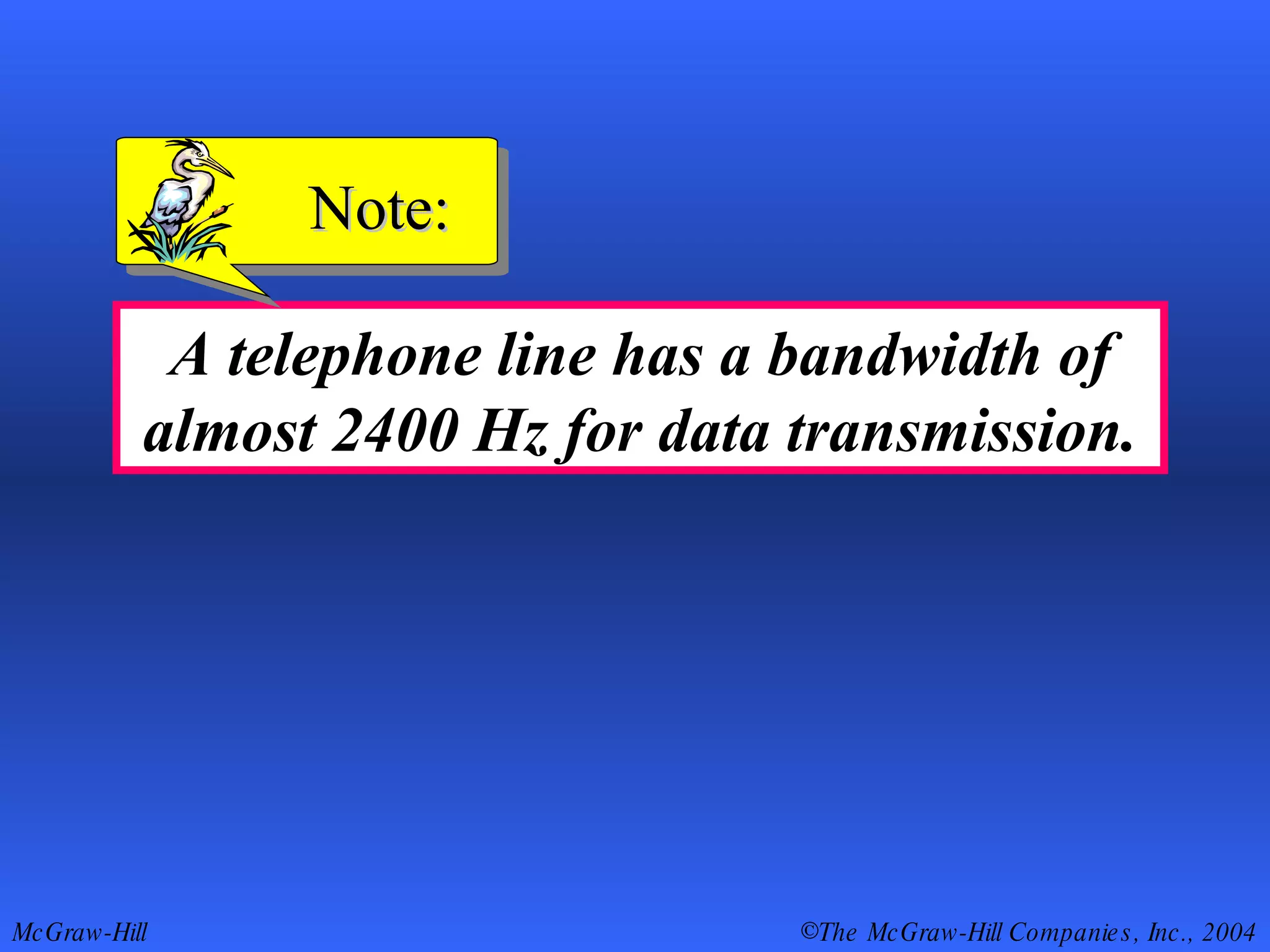 A telephone line has a bandwidth of almost 2400 Hz for data transmission. Note: 