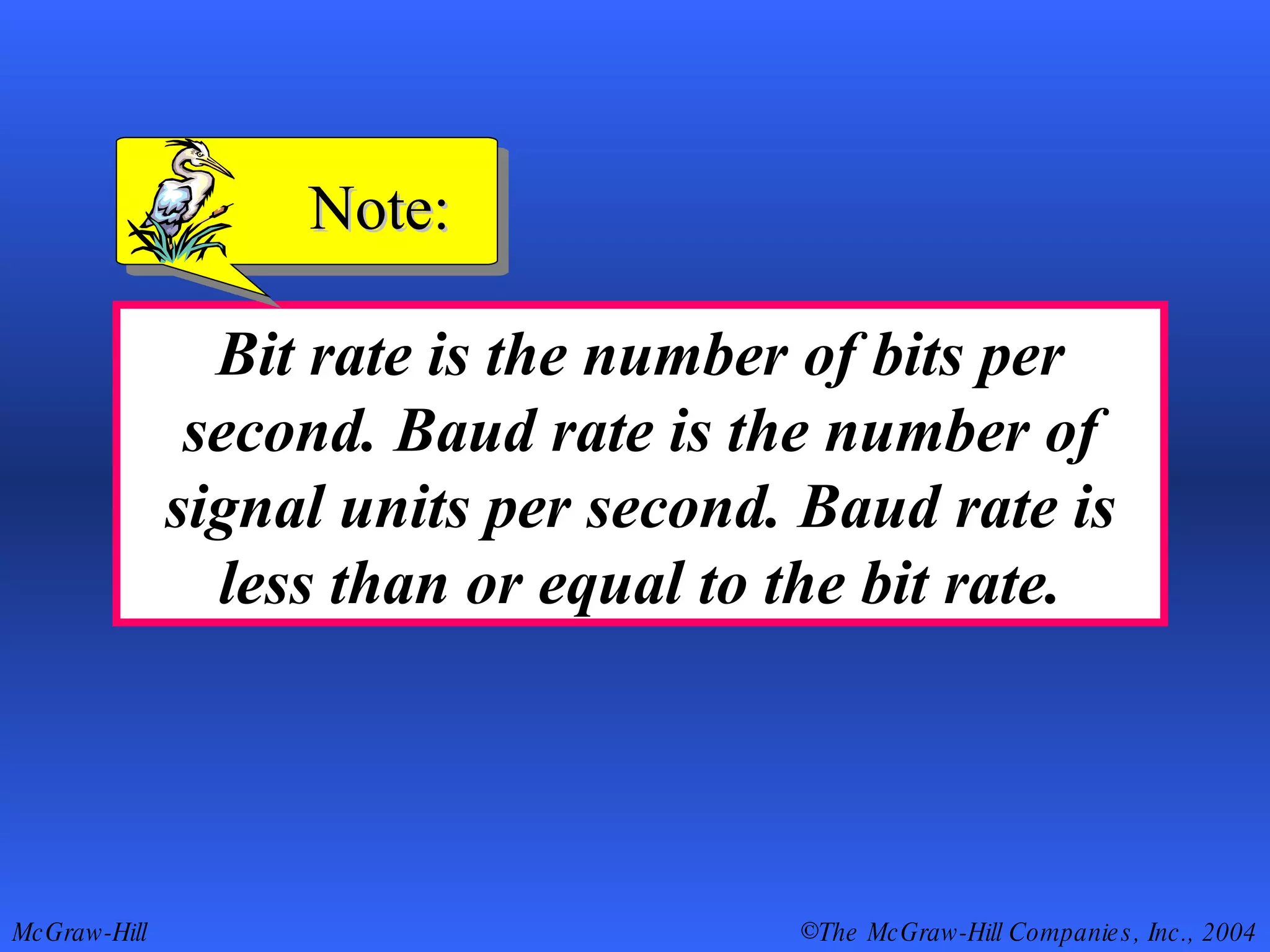 Bit rate is the number of bits per second. Baud rate is the number of signal units per second. Baud rate is less than or equal to the bit rate. Note: 