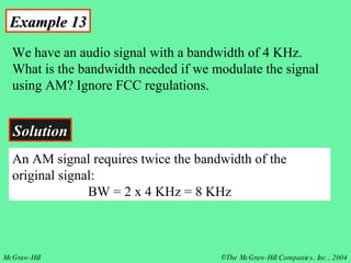 Example 13 We have an audio signal with a bandwidth of 4 KHz. What is the bandwidth needed if we modulate the signal using AM? Ignore FCC regulations. Solution An AM signal requires twice the bandwidth of the original signal:   BW = 2 x 4 KHz = 8 KHz 