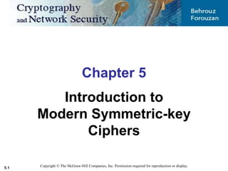 5.1
Copyright © The McGraw-Hill Companies, Inc. Permission required for reproduction or display.
Chapter 5
Introduction to
Modern Symmetric-key
Ciphers
 