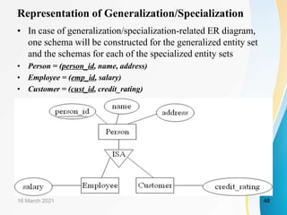 Representation of Generalization/Specialization
• In case of generalization/specialization-related ER diagram,
one schema will be constructed for the generalized entity set
and the schemas for each of the specialized entity sets
• Person = (person_id, name, address)
• Employee = (emp_id, salary)
• Customer = (cust_id, credit_rating)
16 March 2021 48
 