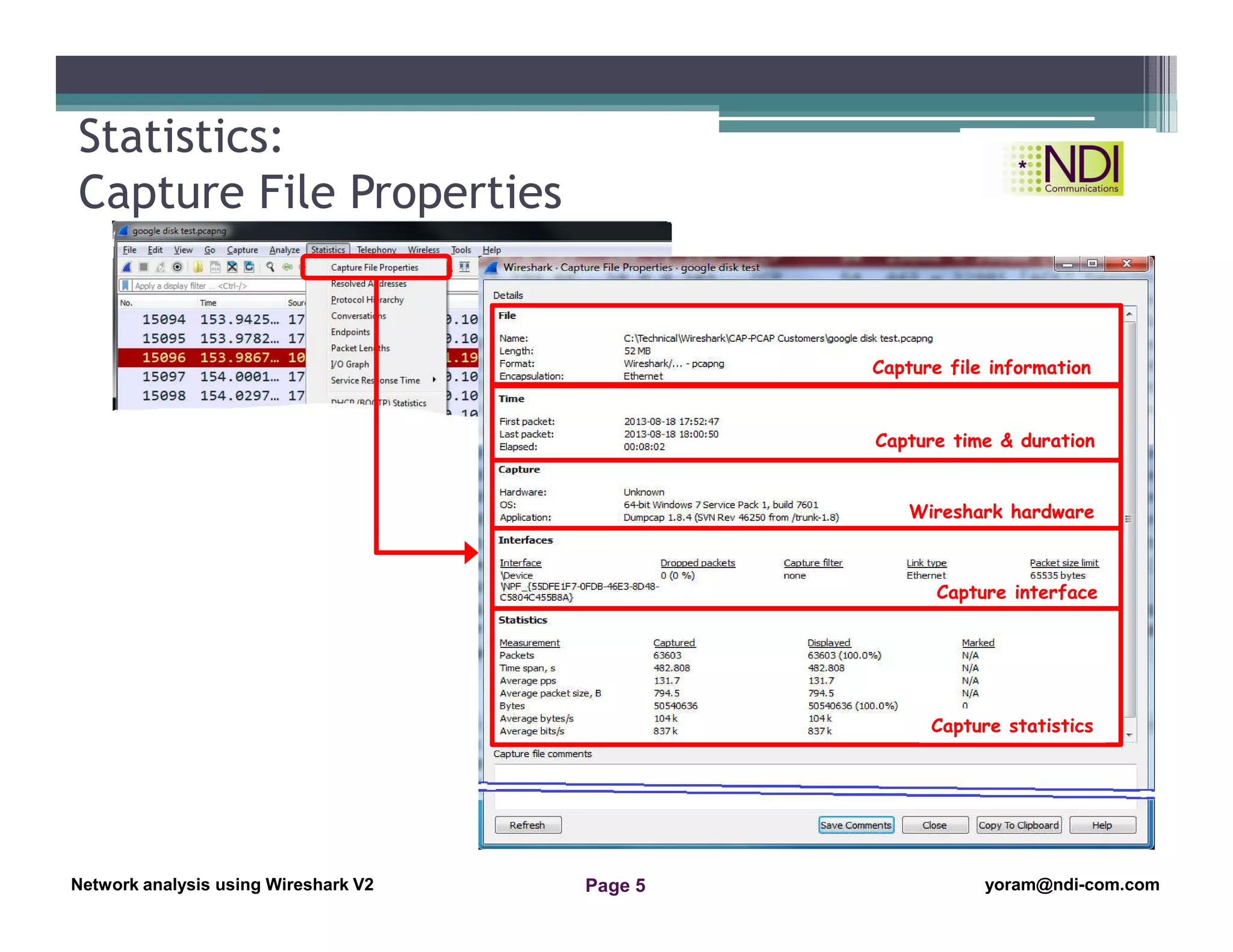Network Analysis Using Wireshark Version 2Network Analysis using Wireshark V.2 yoram@ndi-com.com
Network analysis using Wireshark V2 yoram@ndi-com.comPage 5
Statistics:
Capture File Properties
Capture file information
Capture time & duration
Wireshark hardware
Capture interface
Capture statistics
 