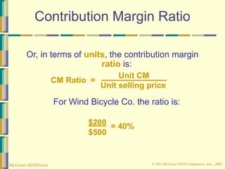 © The McGraw-Hill Companies, Inc., 2003
McGraw-Hill/Irwin
Contribution Margin Ratio
Or, in terms of units, the contribution margin
ratio is:
For Wind Bicycle Co. the ratio is:
$200
$500
= 40%
Unit CM
Unit selling price
CM Ratio =
 