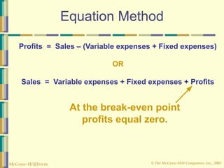 © The McGraw-Hill Companies, Inc., 2003
McGraw-Hill/Irwin
Equation Method
Profits = Sales – (Variable expenses + Fixed expenses)
Sales = Variable expenses + Fixed expenses + Profits
OR
At the break-even point
profits equal zero.
 