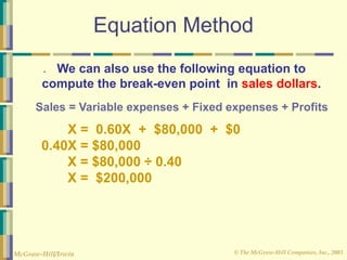 © The McGraw-Hill Companies, Inc., 2003
McGraw-Hill/Irwin
Equation Method
X = 0.60X + $80,000 + $0
0.40X = $80,000
X = $80,000 ÷ 0.40
X = $200,000
● We can also use the following equation to
compute the break-even point in sales dollars.
Sales = Variable expenses + Fixed expenses + Profits
 