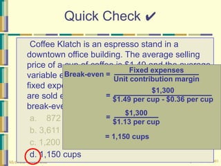 © The McGraw-Hill Companies, Inc., 2003
McGraw-Hill/Irwin
Quick Check ✔
Coffee Klatch is an espresso stand in a
downtown office building. The average selling
price of a cup of coffee is $1.49 and the average
variable expense per cup is $0.36. The average
fixed expense per month is $1,300. 2,100 cups
are sold each month on average. What is the
break-even sales in units?
a. 872 cups
b. 3,611 cups
c. 1,200 cups
d. 1,150 cups
Fixed expenses
Unit contribution margin
Break-even =
$1,300
$1.49 per cup - $0.36 per cup
=
$1,300
$1.13 per cup
= 1,150 cups
=
 