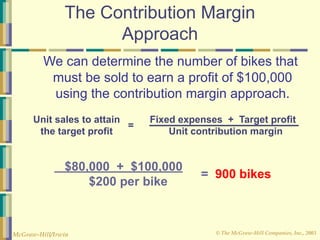 © The McGraw-Hill Companies, Inc., 2003
McGraw-Hill/Irwin
The Contribution Margin
Approach
We can determine the number of bikes that
must be sold to earn a profit of $100,000
using the contribution margin approach.
Fixed expenses + Target profit
Unit contribution margin
=
Unit sales to attain
the target profit
$80,000 + $100,000
$200 per bike
= 900 bikes
 