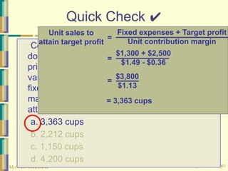© The McGraw-Hill Companies, Inc., 2003
McGraw-Hill/Irwin
Quick Check ✔
Coffee Klatch is an espresso stand in a
downtown office building. The average selling
price of a cup of coffee is $1.49 and the average
variable expense per cup is $0.36. The average
fixed expense per month is $1,300. How
many cups of coffee would have to be sold to
attain target profits of $2,500 per month?
a. 3,363 cups
b. 2,212 cups
c. 1,150 cups
d. 4,200 cups
Fixed expenses + Target profit
Unit contribution margin
Unit sales to
attain target profit
$1,300 + $2,500
$1.49 - $0.36
=
$3,800
$1.13
= 3,363 cups
=
=
 