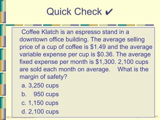 © The McGraw-Hill Companies, Inc., 2003
McGraw-Hill/Irwin
Quick Check ✔
Coffee Klatch is an espresso stand in a
downtown office building. The average selling
price of a cup of coffee is $1.49 and the average
variable expense per cup is $0.36. The average
fixed expense per month is $1,300. 2,100 cups
are sold each month on average. What is the
margin of safety?
a. 3,250 cups
b. 950 cups
c. 1,150 cups
d. 2,100 cups
 