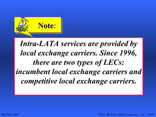 Intra-LATA services are provided by local exchange carriers. Since 1996, there are two types of LECs: incumbent local exchange carriers and competitive local exchange carriers. Note : 