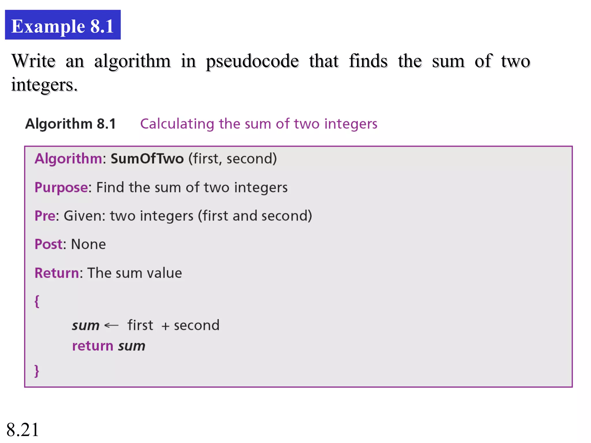 8.21
Example 8.1
Write an algorithm in pseudocode that finds the sum of twoWrite an algorithm in pseudocode that finds the sum of two
integers.integers.
 