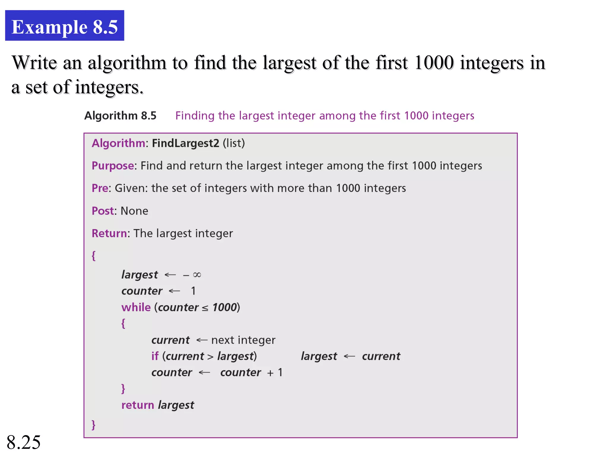 8.25
Example 8.5
Write an algorithm to find the largest of the first 1000 integers inWrite an algorithm to find the largest of the first 1000 integers in
a set of integers.a set of integers.
 