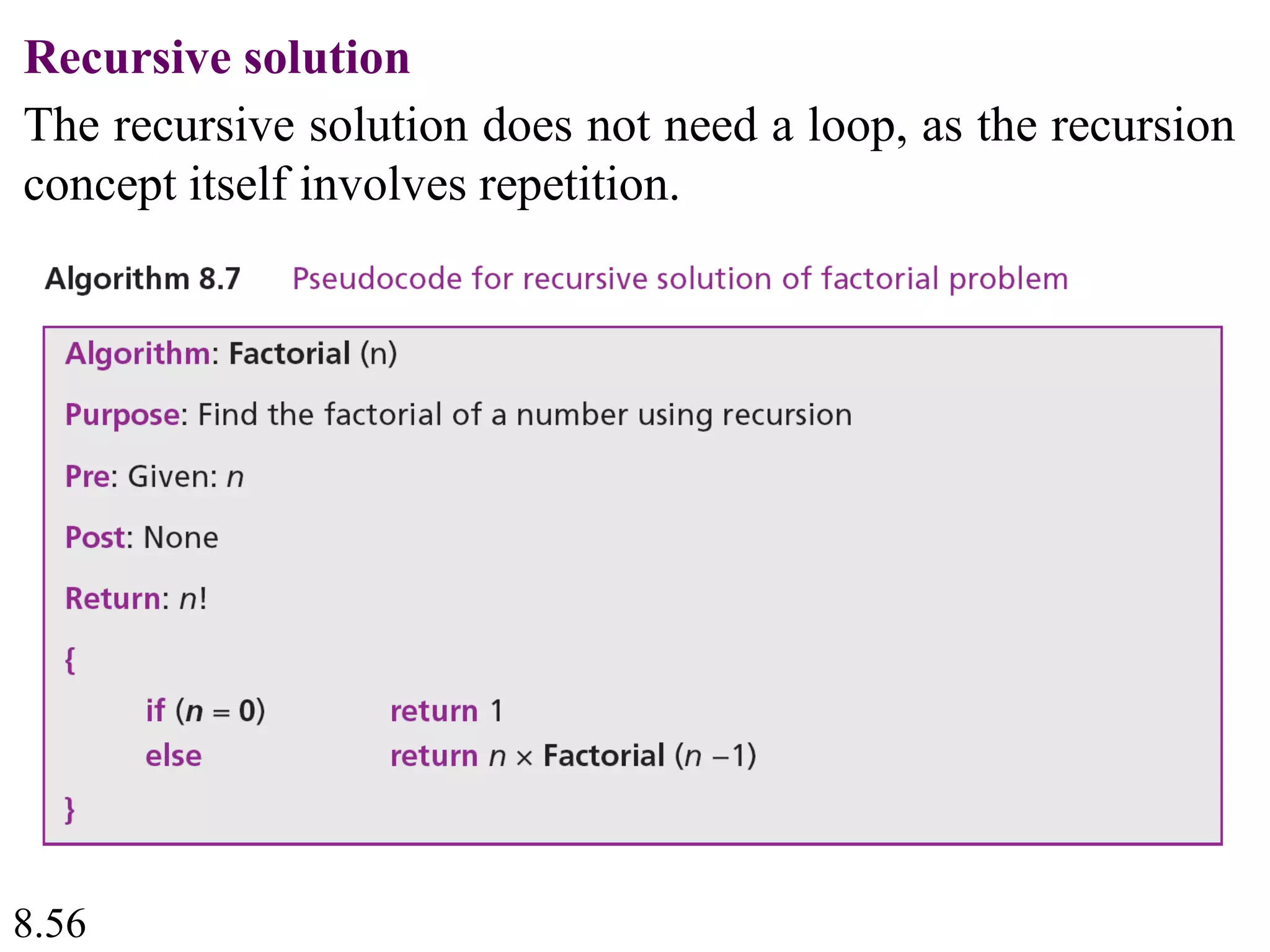 8.56
Recursive solution
The recursive solution does not need a loop, as the recursion
concept itself involves repetition.
 