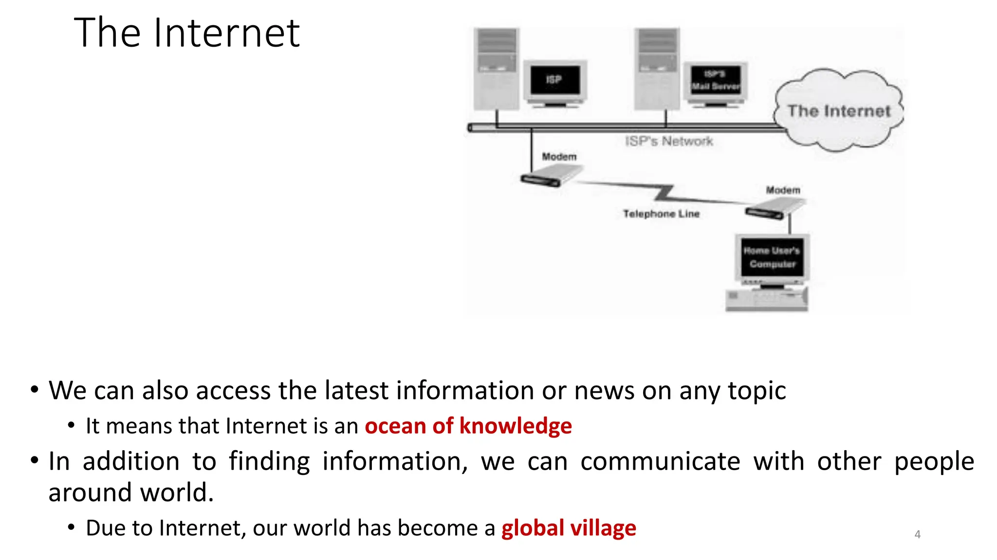 The Internet
• We can also access the latest information or news on any topic
• It means that Internet is an ocean of knowledge
• In addition to finding information, we can communicate with other people
around world.
• Due to Internet, our world has become a global village 4
 