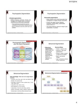 9/17/2014 
4 
Lifestyle segmentation 
•Different lifestyles (achievers, strivers, and strugglers) are shaped partly by whether consumers are time/money constrained 
−Time constrained consumers are prone to multitasking and like products needing less effort 
−Money constrained consumers prefer lower cost products 
Psychographic SegmentationCopyright © 2013 Pearson Education, Inc. Publishing as Prentice Hall8-19 
Personality segmentation 
−Endow products with a brand personality that corresponds to a target consumer personality 
−A brand may appear sincere (Gateway Computer), exciting (Nike), sophisticated (Lexus) and so on 
−Use product features, services & image to give a personality in a product 
Psychographic SegmentationCopyright © 2013 Pearson Education, Inc. Publishing as Prentice Hall8-20Psychographic Segmentation and The VALS Framework 
Copyright © 2013 Pearson Education, Inc. Publishing as Prentice Hall8-21NOT FOR EXAMINATIONNOT EXAMINATION 
•Behavioral segmentation divide buyers into groups on the basis of their knowledge of, attitude toward, use of, or response to a product. 
Behavioral Segmentation 
Copyright © 2013 Pearson Education, Inc. Publishing as Prentice Hall8-22 
Decision Roles 
–Initiator—request order 
–Influencer—help write specifications 
–Decider—power to select or approve the supplier 
–Buyer—purchasing manger 
–User—production workers or their supervisorsBehavioral Segmentation 
User and Usage—Real User and Usage-related Variables 
•Occasions—time of day, week, month, year (Mother‟s Day) 
•Benefits—the customer seek 
•User Status—nonusers, ex-users, potential users, 1sttime users, regular users 
•Usage Rate—light, medium, heavy 
•Buyer-Readiness—to buy a product 
•Loyalty Status—hard core, split, shifting, switchers 
•Attitude—enthusiastic, positive, indifferent, negative, hostile 
•Multiple bases—combining different behavioral bases 
Copyright © 2013 Pearson Education, Inc. Publishing as Prentice Hall8-23Behavioral Segmentation BreakdownCopyright © 2013 Pearson Education, Inc. Publishing as Prentice Hall8-24NOT FOR EXAMINATIONNOT EXAMINATION  