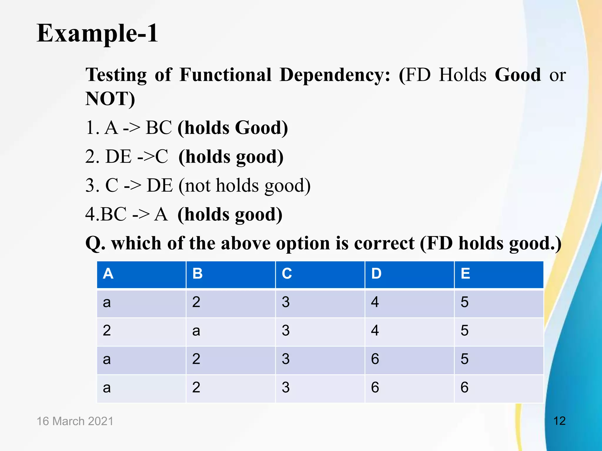 Example-1 Testing of Functional Dependency: (FD Holds Good or NOT) 1. A -> BC (holds Good) 2. DE ->C (holds good) 3. C -> DE (not holds good) 4.BC -> A (holds good) Q. which of the above option is correct (FD holds good.) 16 March 2021 12 A B C D E a 2 3 4 5 2 a 3 4 5 a 2 3 6 5 a 2 3 6 6 