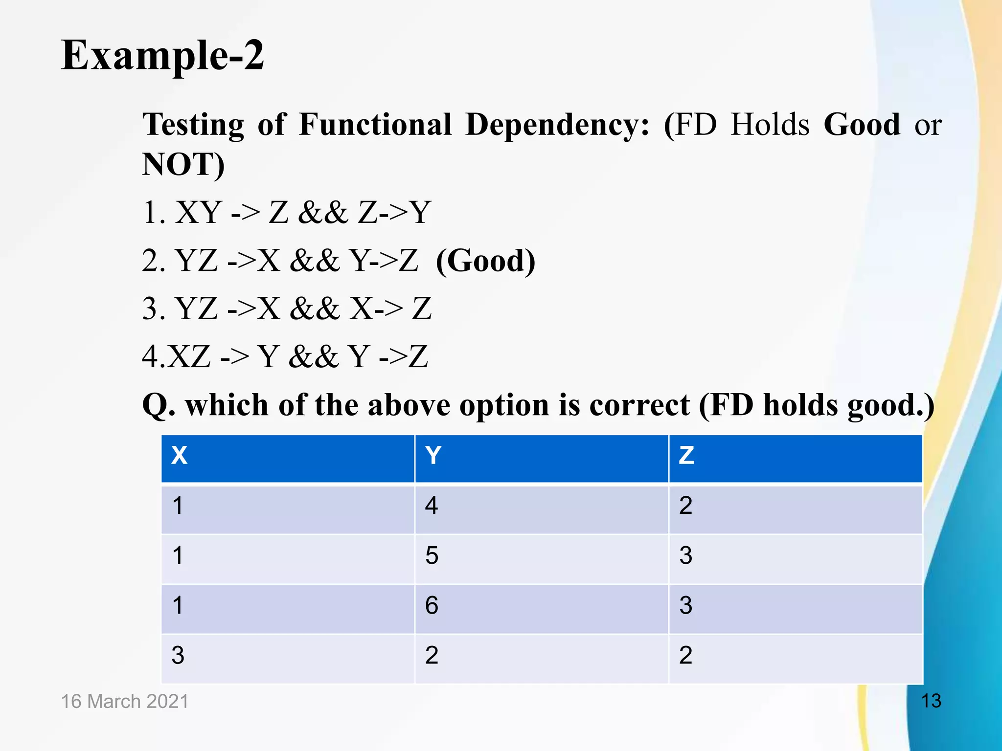 Example-2 Testing of Functional Dependency: (FD Holds Good or NOT) 1. XY -> Z && Z->Y 2. YZ ->X && Y->Z (Good) 3. YZ ->X && X-> Z 4.XZ -> Y && Y ->Z Q. which of the above option is correct (FD holds good.) 16 March 2021 13 X Y Z 1 4 2 1 5 3 1 6 3 3 2 2 