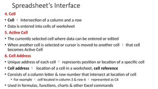 Spreadsheet’s Interface
4. Cell
• Cell  Intersection of a column and a row
• Data is entered into cells of worksheet
5. Active Cell
• The currently selected cell where data can be entered or edited
• When another cell is selected or cursor is moved to another cell  that cell
becomes Active Cell
6. Cell Address
• Unique address of each cell  represents position or location of a specific cell
• Cell address  location of a cell in a worksheet, cell reference
• Consists of a column letter & row number that intersect at location of cell
• For example  cell located in column 3 & row 6  represented as C6
• Used in formulas, functions, charts & other Excel commands
 