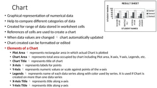 Chart
• Graphical representation of numerical data
• Help to compare different categories of data
• Created for range of data stored in worksheet cells
• References of cells are used to create a chart
• When data values are changed  chart automatically updated
• Chart created can be formatted or edited
• Elements of a Chart
• Plot Area  represents rectangular area in which actual Chart is plotted
• Chart Area  represents total area occupied by chart including Plot area, X-axis, Y-axis, Legends, etc.
• Chart Title  represents title of chart
• X-Axis  represents labels for points
• Y-Axis  represents numeric values or scale against points of the x-axis
• Legends  represents name of each data series along with color used by series. It is used if Chart is
created on more than one data series
• X-Axis Title  represents title along x-axis
• Y-Axis Title  represents title along y-axis
 