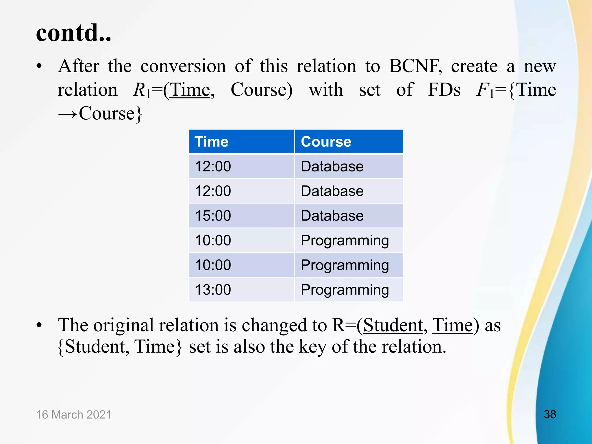 contd..
• After the conversion of this relation to BCNF, create a new
relation R1=(Time, Course) with set of FDs F1={Time
→Course}
• The original relation is changed to R=(Student, Time) as
{Student, Time} set is also the key of the relation.
16 March 2021 38
Time Course
12:00 Database
12:00 Database
15:00 Database
10:00 Programming
10:00 Programming
13:00 Programming
 