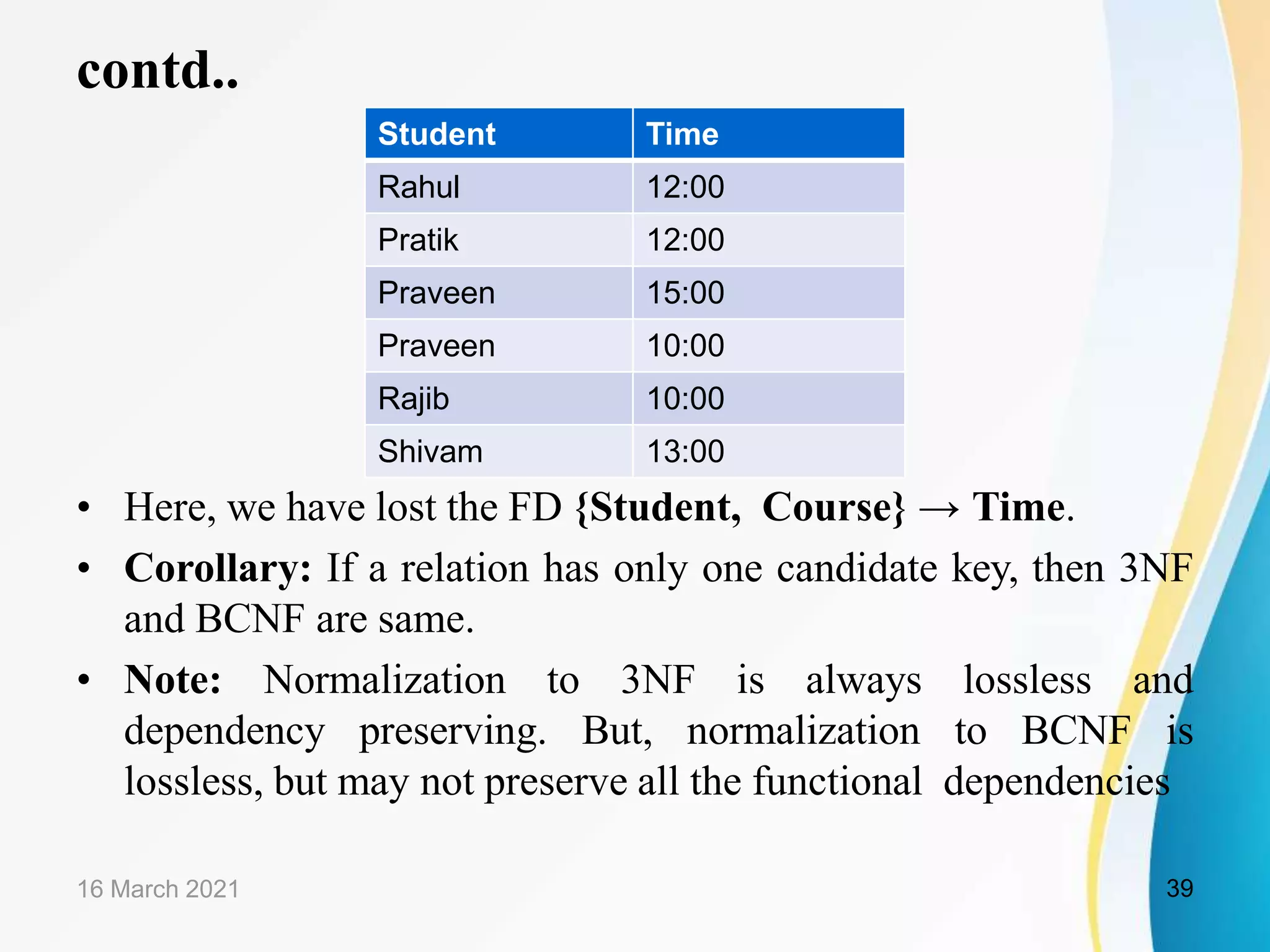 contd..
16 March 2021 39
• Here, we have lost the FD {Student, Course} → Time.
• Corollary: If a relation has only one candidate key, then 3NF
and BCNF are same.
• Note: Normalization to 3NF is always lossless and
dependency preserving. But, normalization to BCNF is
lossless, but may not preserve all the functional dependencies
Student Time
Rahul 12:00
Pratik 12:00
Praveen 15:00
Praveen 10:00
Rajib 10:00
Shivam 13:00
 