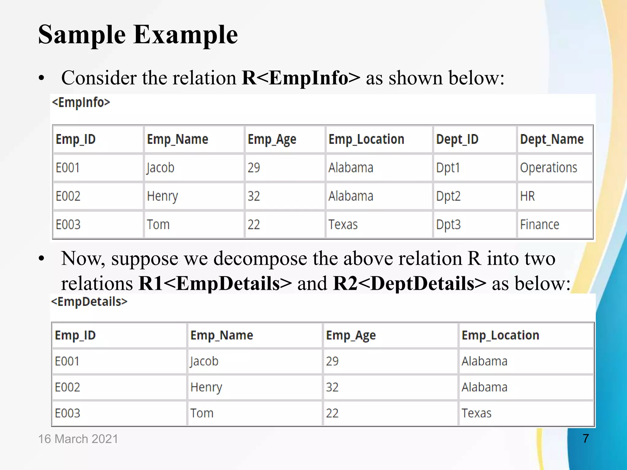 Sample Example
• Consider the relation R<EmpInfo> as shown below:
• Now, suppose we decompose the above relation R into two
relations R1<EmpDetails> and R2<DeptDetails> as below:
16 March 2021 7
 