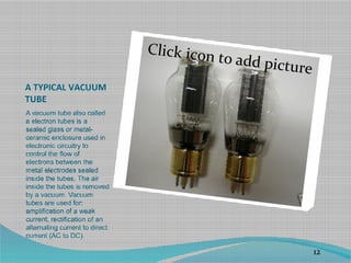 A TYPICAL VACUUM
TUBE
A vacuum tube also called
a electron tubes is a
sealed glass or metal-
ceramic enclosure used in
electronic circuitry to
control the flow of
electrons between the
metal electrodes sealed
inside the tubes. The air
inside the tubes is removed
by a vacuum. Vacuum
tubes are used for:
amplification of a weak
current, rectification of an
alternating current to direct
current (AC to DC).
12
Click icon to add picture
 