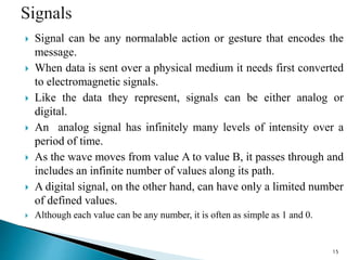  Signal can be any normalable action or gesture that encodes the
message.
 When data is sent over a physical medium it needs first converted
to electromagnetic signals.
 Like the data they represent, signals can be either analog or
digital.
 An analog signal has infinitely many levels of intensity over a
period of time.
 As the wave moves from value A to value B, it passes through and
includes an infinite number of values along its path.
 A digital signal, on the other hand, can have only a limited number
of defined values.
 Although each value can be any number, it is often as simple as 1 and 0.
15
 