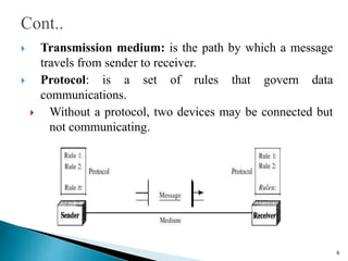  Transmission medium: is the path by which a message
travels from sender to receiver.
 Protocol: is a set of rules that govern data
communications.
 Without a protocol, two devices may be connected but
not communicating.
6
 