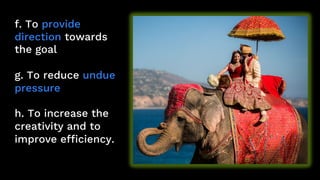 f. To provide
direction towards
the goal
g. To reduce undue
pressure
h. To increase the
creativity and to
improve efficiency.
 