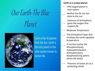 Neither too far nor too
close to the sun
Fifth largest planet in
solar system
Existence of atmosphere,
gases like oxygen that
support life
Moderate Temperature
It has four realms the
lithosphere(land),
Hydrosphere(water),
Atmosphere(air),
Biosphere(living sphere
where life exists)
The atmospheric layer that
envelops the earth regulates
temperature.
Earth as a unique planet
Presence of ozone act as a
protecting shield.
 