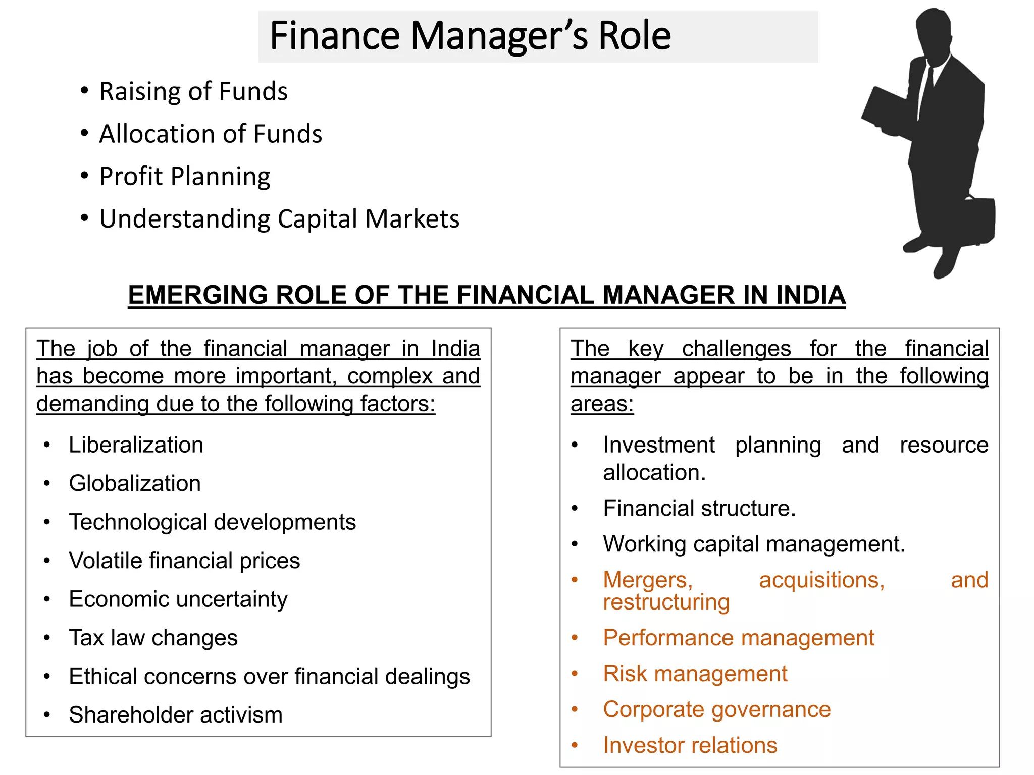 Finance Manager’s Role
• Raising of Funds
• Allocation of Funds
• Profit Planning
• Understanding Capital Markets
9
EMERGING ROLE OF THE FINANCIAL MANAGER IN INDIA
The job of the financial manager in India
has become more important, complex and
demanding due to the following factors:
• Liberalization
• Globalization
• Technological developments
• Volatile financial prices
• Economic uncertainty
• Tax law changes
• Ethical concerns over financial dealings
• Shareholder activism
The key challenges for the financial
manager appear to be in the following
areas:
• Investment planning and resource
allocation.
• Financial structure.
• Working capital management.
• Mergers, acquisitions, and
restructuring
• Performance management
• Risk management
• Corporate governance
• Investor relations
 