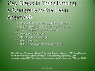 Intro-To-LeanIntro-To-Lean
Key Steps in TransformingKey Steps in Transforming
a Company to the Leana Company to the Lean
ApproachApproach
11.11. Conduct 5S event—apply TPM techniquesConduct 5S event—apply TPM techniques
12.12. Establish visual signals—reduce paperworkEstablish visual signals—reduce paperwork
13.13. Explore alternative flow patternsExplore alternative flow patterns
14.14. Develop block layoutDevelop block layout
15.15. Develop detailed layoutDevelop detailed layout
16.16. Execute moveExecute move
17.17. Select next value stream and repeatSelect next value stream and repeat
Gary Conner, President of Lean Enterprise Training, Newport, OR, Road Map to
Lean for the Smaller Shop, Society of Manufacturing Engineers, Lean
Manufacturing 2007, Supplement to Manufacturing Engineering, 2007. pp. 27-29.
 