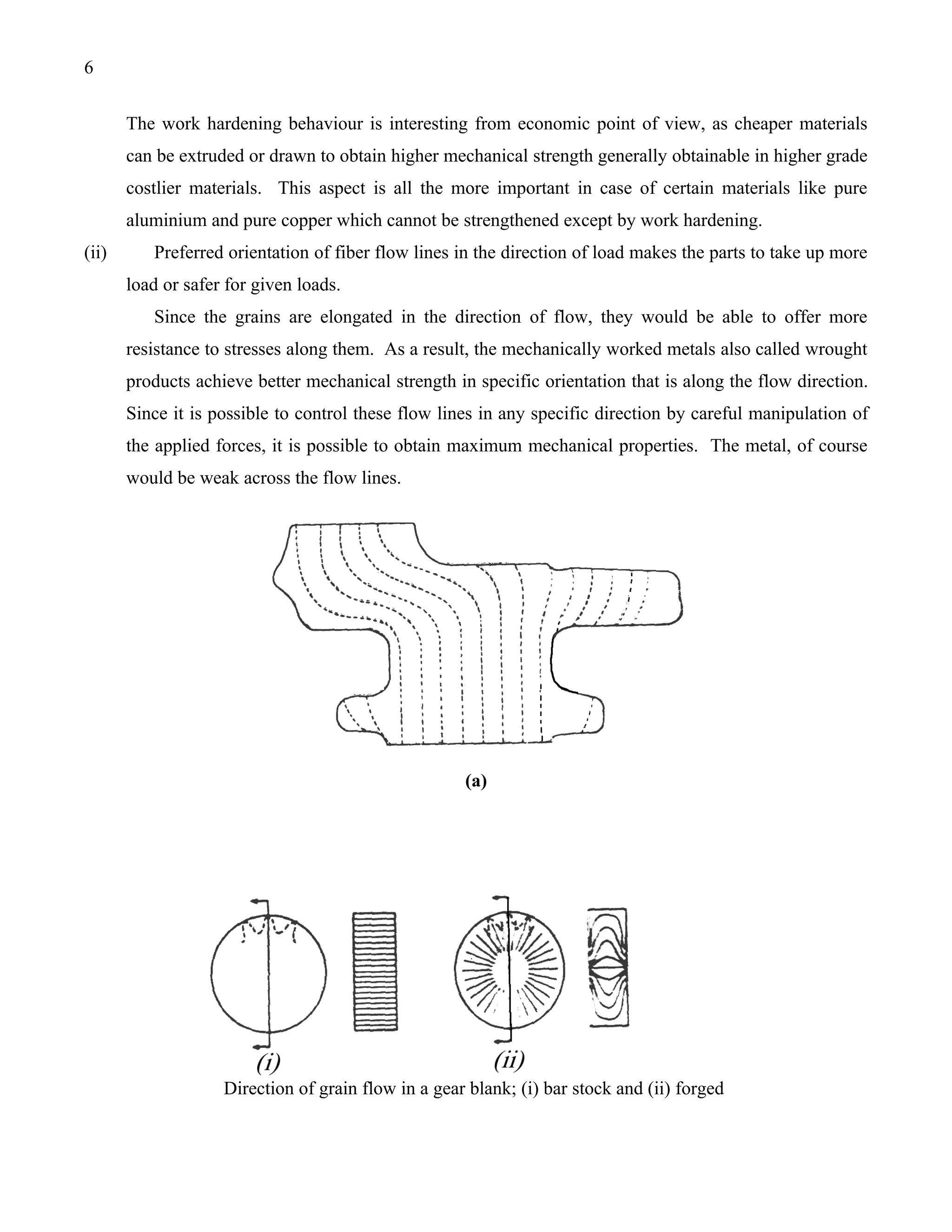 6


       The work hardening behaviour is interesting from economic point of view, as cheaper materials
       can be extruded or drawn to obtain higher mechanical strength generally obtainable in higher grade
       costlier materials. This aspect is all the more important in case of certain materials like pure
       aluminium and pure copper which cannot be strengthened except by work hardening.
(ii)      Preferred orientation of fiber flow lines in the direction of load makes the parts to take up more
       load or safer for given loads.
          Since the grains are elongated in the direction of flow, they would be able to offer more
       resistance to stresses along them. As a result, the mechanically worked metals also called wrought
       products achieve better mechanical strength in specific orientation that is along the flow direction.
       Since it is possible to control these flow lines in any specific direction by careful manipulation of
       the applied forces, it is possible to obtain maximum mechanical properties. The metal, of course
       would be weak across the flow lines.




                                                     (a)




                    Direction of grain flow in a gear blank; (i) bar stock and (ii) forged
 