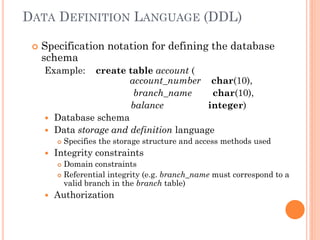 DATA DEFINITION LANGUAGE (DDL)
 Specification notation for defining the database
schema
Example: create table account (
account_number char(10),
branch_name char(10),
balance integer)
 Database schema
 Data storage and definition language
 Specifies the storage structure and access methods used
 Integrity constraints
 Domain constraints
 Referential integrity (e.g. branch_name must correspond to a
valid branch in the branch table)
 Authorization
 