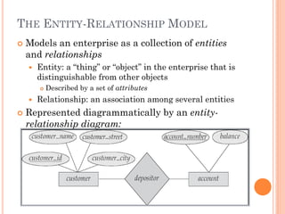 THE ENTITY-RELATIONSHIP MODEL
 Models an enterprise as a collection of entities
and relationships
 Entity: a “thing” or “object” in the enterprise that is
distinguishable from other objects
 Described by a set of attributes
 Relationship: an association among several entities
 Represented diagrammatically by an entity-
relationship diagram:
 