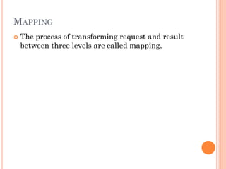 MAPPING
 The process of transforming request and result
between three levels are called mapping.
 
