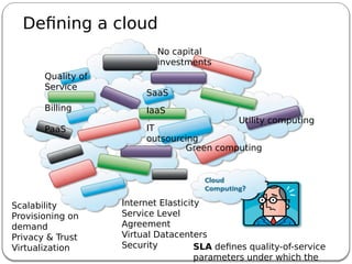 Defining a cloud
No capital
investments
Quality of
Service
Billing
PaaS
SaaS
IaaS
IT
outsourcing
Scalability
Provisioning on
demand
Privacy & Trust
Virtualization
Internet Elasticity
Service Level
Agreement
Virtual Datacenters
Security
Utility computing
Green computing
SLA defines quality-of-service
parameters under which the
 