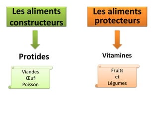 Les aliments
constructeurs
Les aliments
protecteurs
Protides Vitamines
Viandes
Œuf
Poisson
Fruits
et
Légumes
 