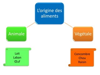 L’origine des
aliments
Animale Végétale
Lait
Laban
Œuf
Concombre
Chou
Raisin
 