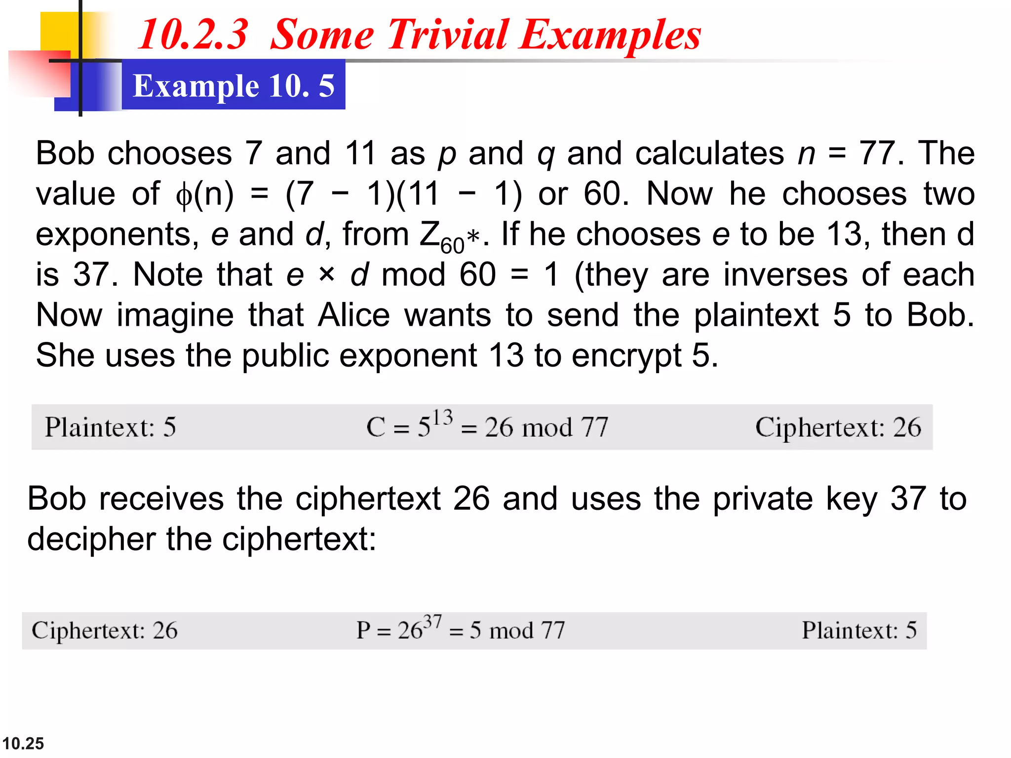 10.25
10.2.3 Some Trivial Examples
Example 10. 5
Bob chooses 7 and 11 as p and q and calculates n = 77. The
value of f(n) = (7 − 1)(11 − 1) or 60. Now he chooses two
exponents, e and d, from Z60∗. If he chooses e to be 13, then d
is 37. Note that e × d mod 60 = 1 (they are inverses of each
Now imagine that Alice wants to send the plaintext 5 to Bob.
She uses the public exponent 13 to encrypt 5.
Bob receives the ciphertext 26 and uses the private key 37 to
decipher the ciphertext:
 